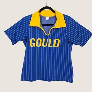 Vintage 80s‎ Champion Lady Jersey Shirt Blue USA Made Large Collared Stripped